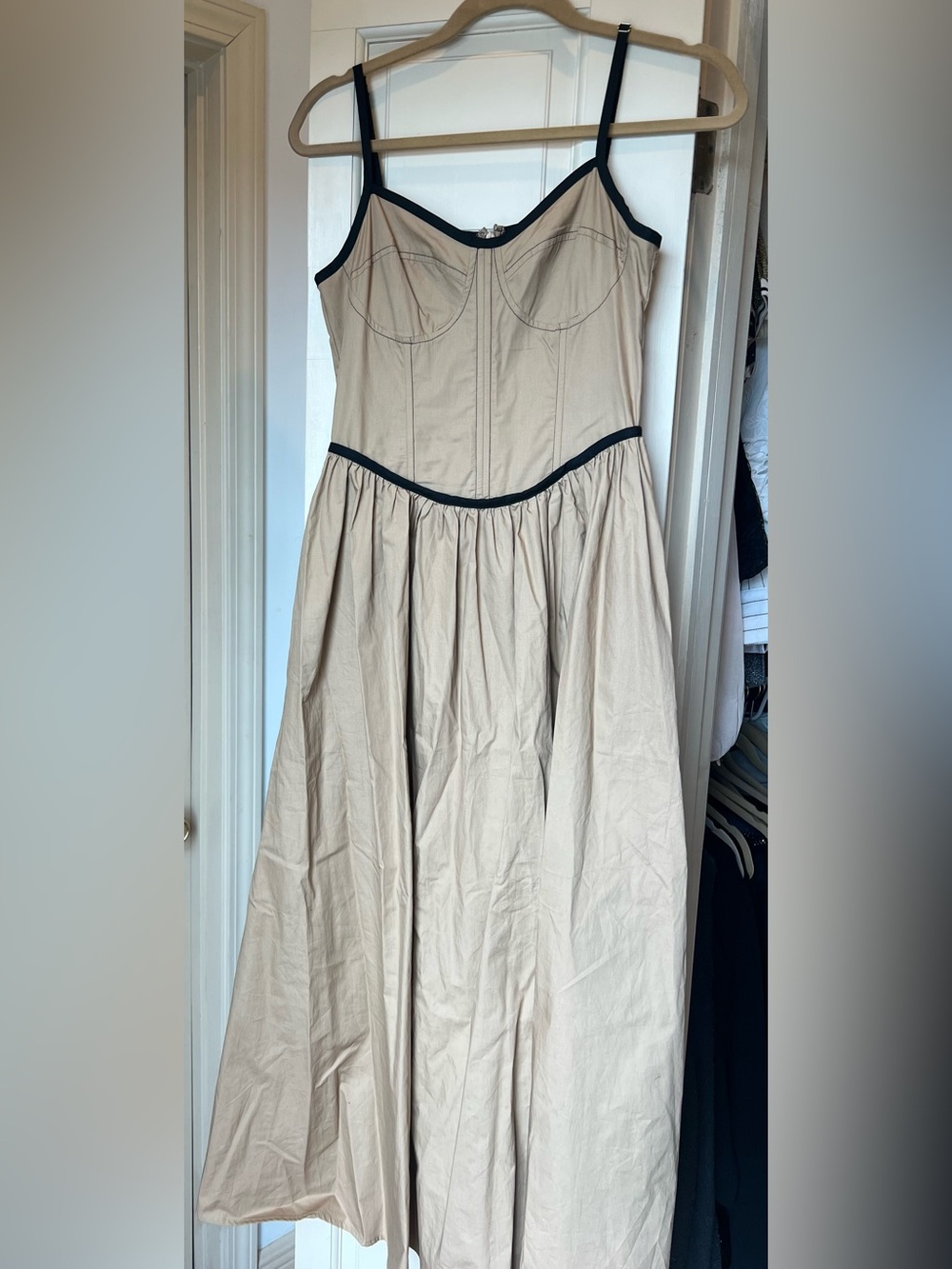 Moon River Beige Maxi Dress with Black Trim